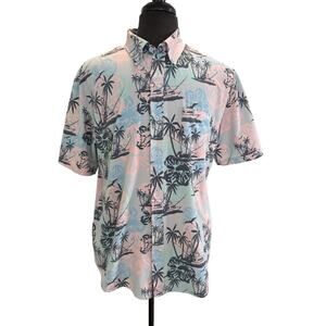 Huk Shirt Mens Large Fishing Boat Palm Trees Tropical Hawaiian Button Up